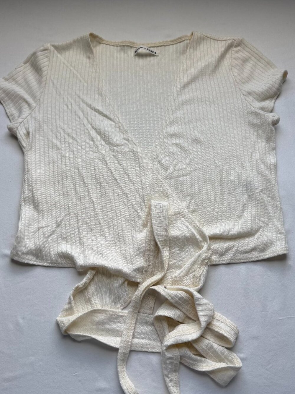 Reformation Jeans Cream Ribbed Wrap Top Tie Front Short Sleeve Blouse